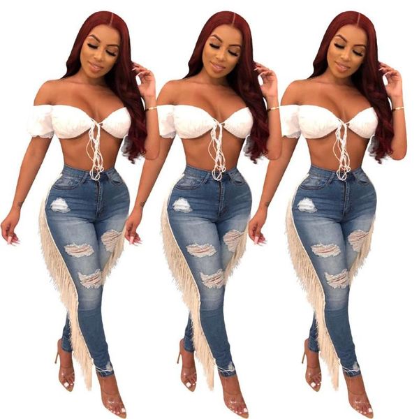 

2020 new arrive high waist hole out tassel trousers women's party club denim pants distressed vinatge pencil trousers, Blue