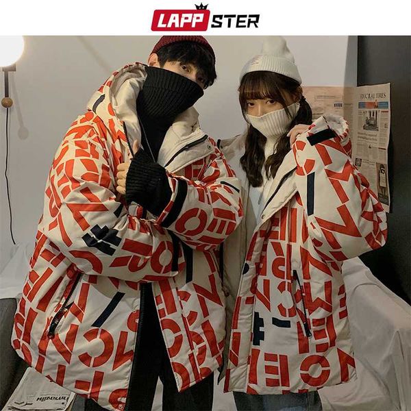 

lappster men japanese streetwear bubble jacket 2020 parka mens full letter print hip hop hooded jacket casual womens korean coat, Black