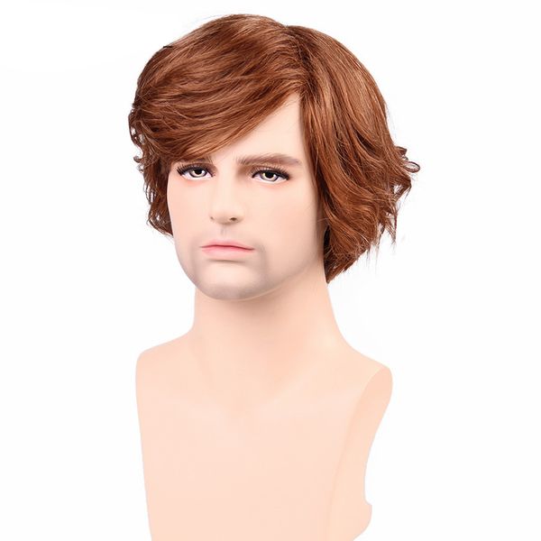 

men short yellow brown straight curly human hair wig toupee with oblique bangs, Black