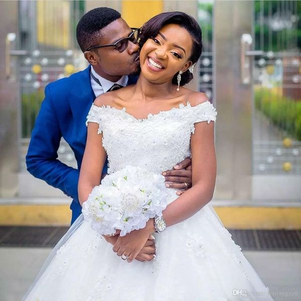 

real image african wedding dresses plus size off shoulder lace applique sweep train wedding dress zipper back tulle custom made bridal gowns, White