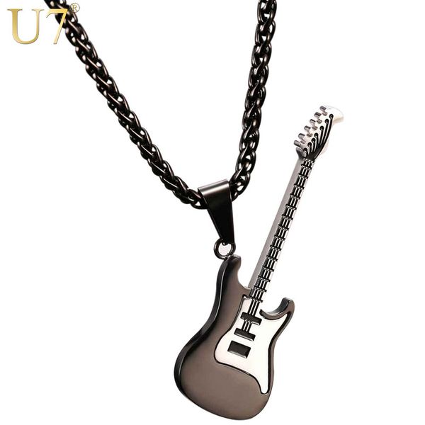 

u7 guitar necklace for men/women music lover gift black/gold color stainless steel pendant & chain hip hop rock jewelry p810, Silver