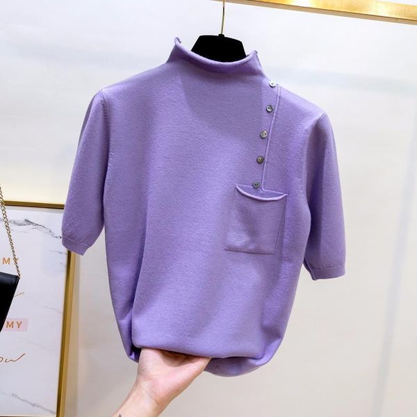 

половина водолазка половины рукав вязаной свитером кнопка женщин карман украшение pullover 2020 летних тонкие основные топов твердых свитеро, White;black