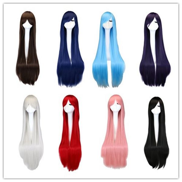 

long straight cosplay wig black purple black red pink blue dark brown 100 cm synthetic hair wigs 0105