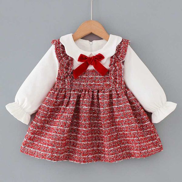 

melario baby girls dress winter fashion children costume long sleeve patchwork dress bowtie kids girls plaid princess outfit, Red;yellow