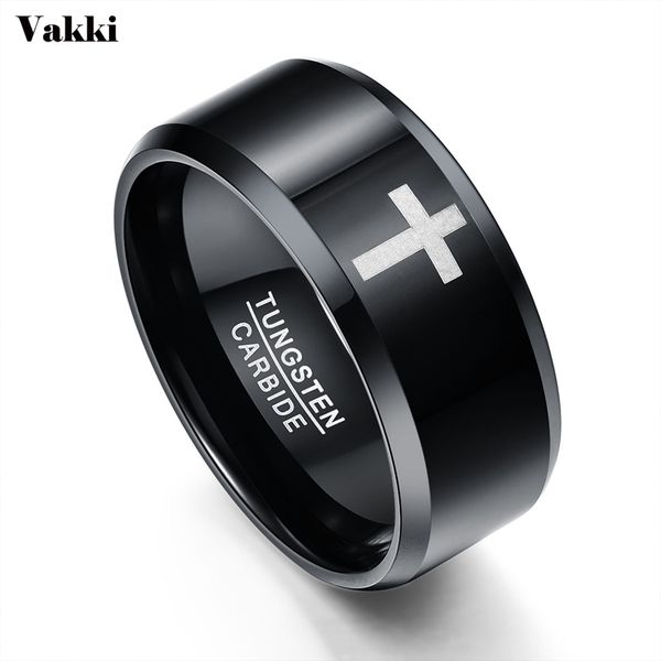 

wedding rings vakki men's 10mm vintage black tungsten carbide ring white cross band flat comfort fit size 7-12, Slivery;golden