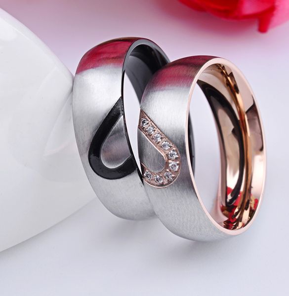 

his & hers real love heart promise couple ring titanium steel couples wedding engagement bands ring 6mm rose gold and black color, Silver