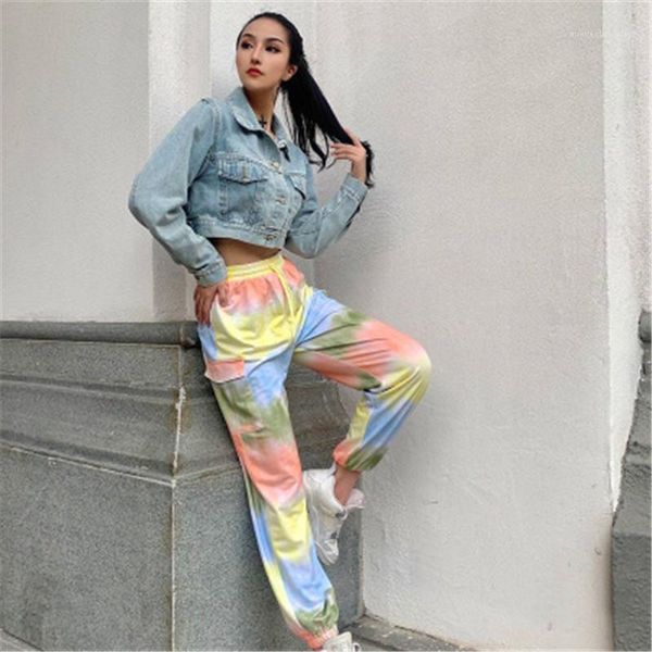 

female drawstring multi-pocket loose trousers women tie-dye casual pants fashion elastic high waist colorful harem pants designer, Black;white
