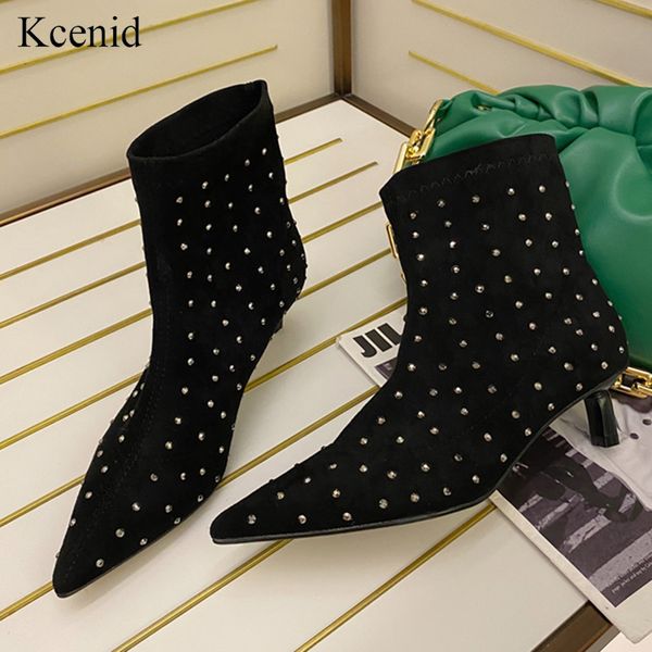 

kcenid new fashion women ankle boots autumn winter elegant rivet med heel boots women pointed toe slip on flock shoes, Black