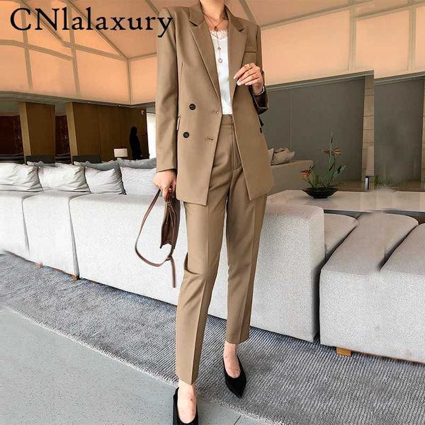 

new elegant khaki women pant suits double-breasted blazer jacket coat & high waist pants vintage 2 pieces-set style work suit, White