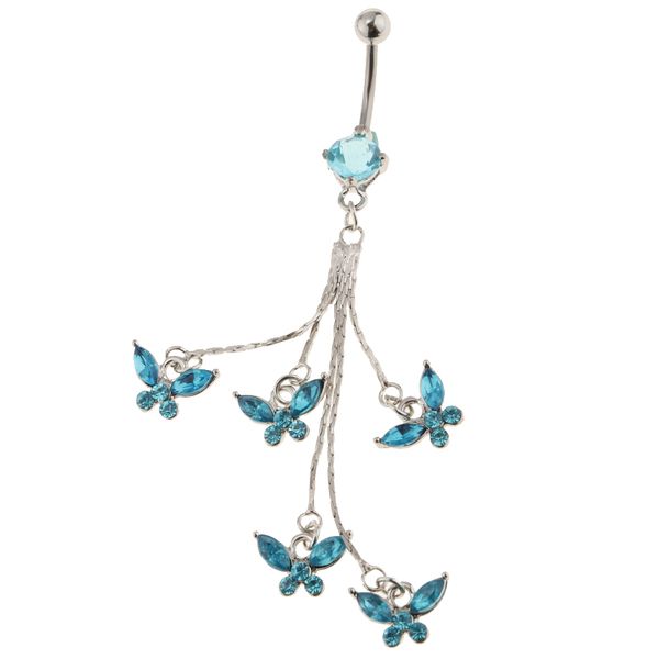 

14g crystal 5 tassels butterfly dangle belly button navel piercing ring, Slivery;golden