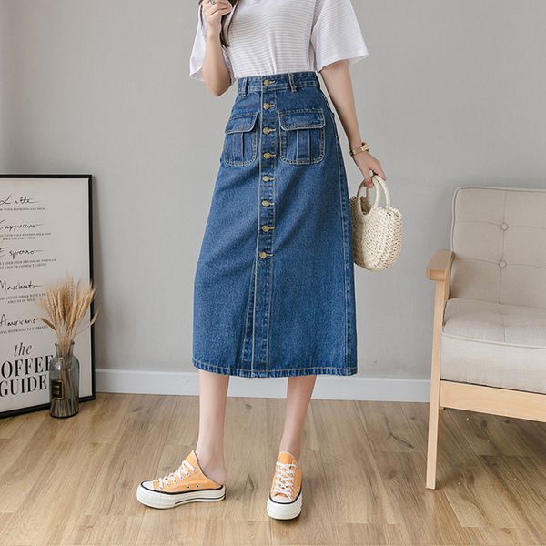 

skirts ladies long denim womens vintage high waist jeans skirt button pocket straight a-line pencil elegant cowboy, Black