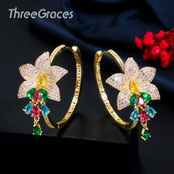 

threegraces luxury flower tassel drop rainbow cubic zirconia yellow gold circle big hoop earring noble women bride wedding er444, Golden;silver