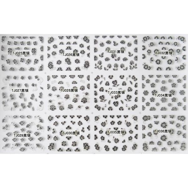 

12 sheets / lot golden & silvery inaid 3d metallic nail decal self adhesive sticker flower daisy tulip violet tj25-36, Black