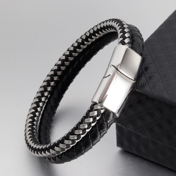 

charm bracelets stainless steel wire cable magnetic clasp double layered bracelet braided genuine leather chain mens women jewelry, Golden;silver