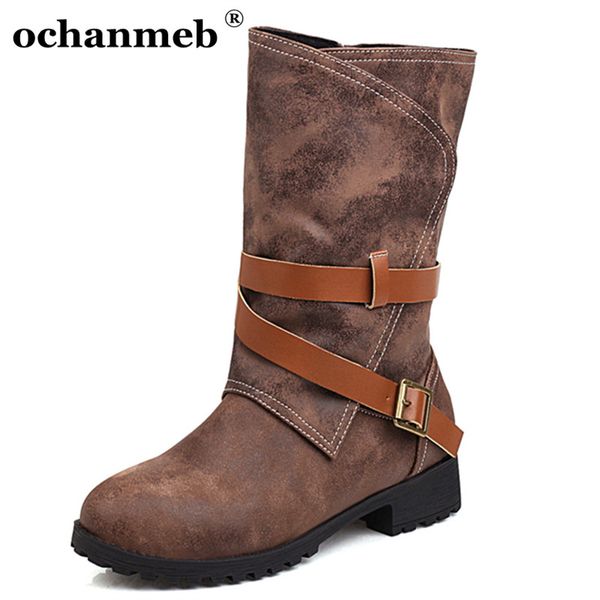 

retro style buckled strap mid-calf boots women lady round toe boots female autumn winter shoes booties small size 33-46, Black