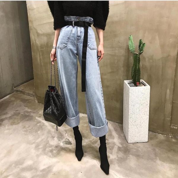 

korean jeans for women high waist loose straight pants 2020 trendy streetwear casual vintage denim trousers mom boyfriend jeans, Blue