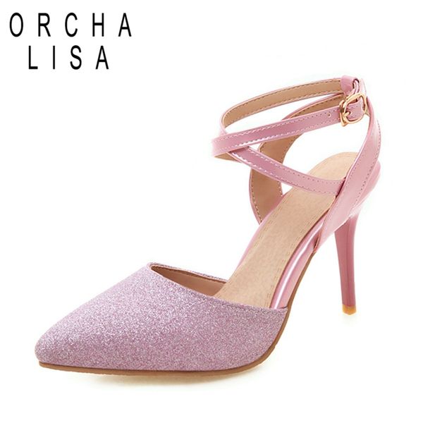 

orcha lisa 2020 new summer women ankle strap sandals high thin heel pointed toe ladies bling bridal wedding shoes pink, Black