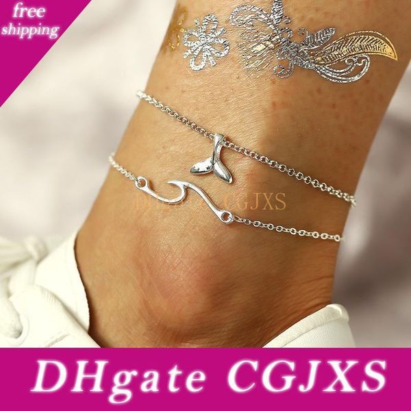 

Simple Silver Color Double Layered Anklets For Women Summer Beach Fish Tail Wave Foot Chain Ankle Bracelets On Leg Jewelry