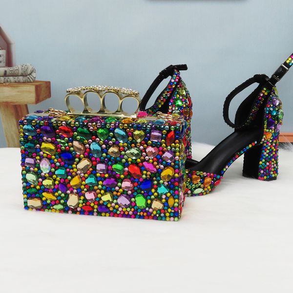 

2020 new arrival multicolored women's wedding shoes bride high thick heel female pumps ladies party dress shoes bag set bridal, Black