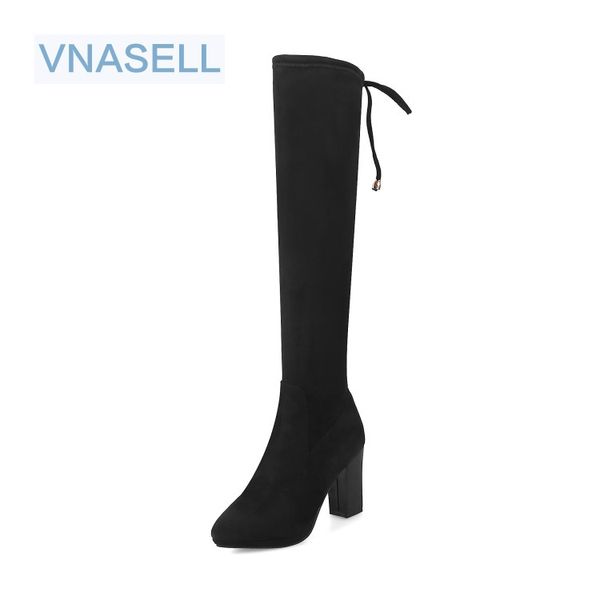 

vnasell ladies shoes square high heel women over the knee boots scrub black pointed toe woman motorcycle boots size 31-43