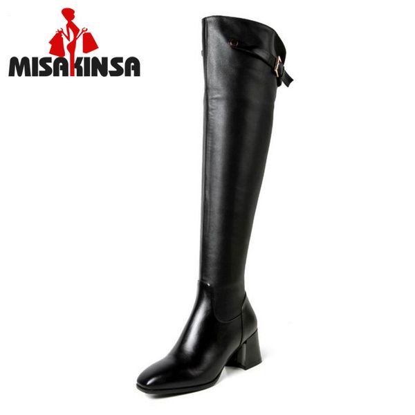 

fitwee real genuine leather square low heel over knee boots woman square toe warm winter shoes heeled footwear size 34-39, Black