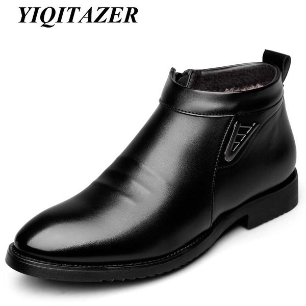

yiqitazer 2020 manmade rivet point toe warm ankle boots men shoes,fashion slip-on nature wool man leather shoes black brown