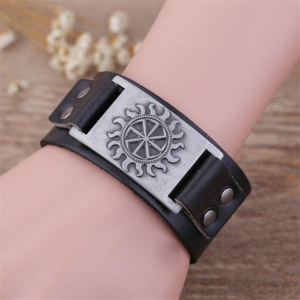 

amulet supernatural talisman jewelry for men sun wheel gears charm bracelets slavic wide genuine leather bracelets gifts, Golden;silver
