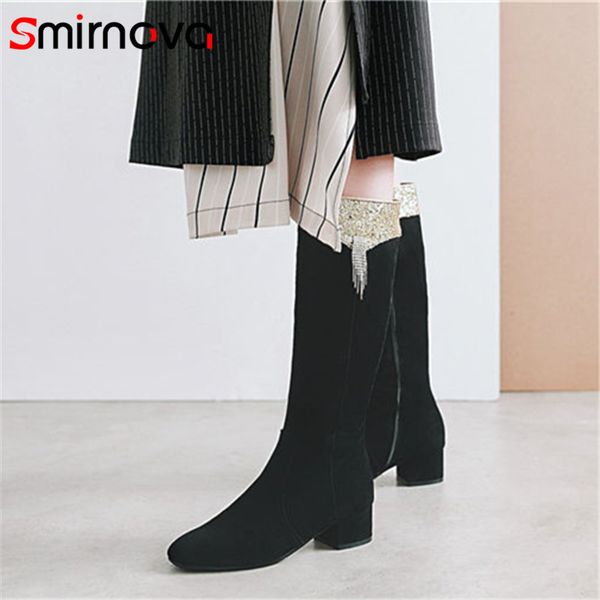 

boots smirnova fashion 2021 big size 33-43 knee high ladies casual med heels flock woman autumn winter zipper, Black