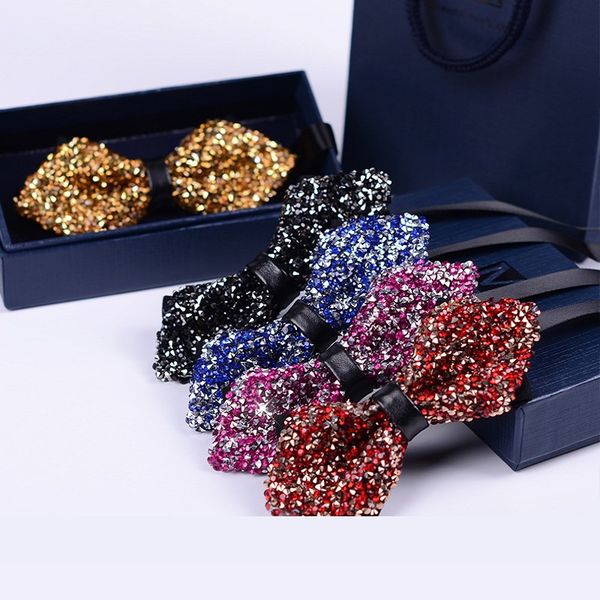 

2020 brand new fashion men's bow ties double fabric rhinestone solid color bowtie wedding ceremony butterfly tie with gift box, Black;gray