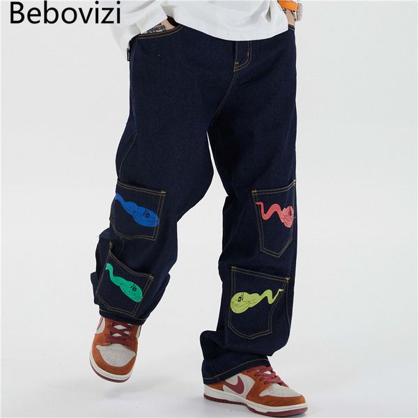 

bebovizi hip hip tadpole print denim pants streetwear denim pants men harajuku multi-pocket trousers joggers cotton, Blue