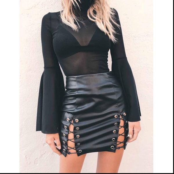 

sexy cross юбка-карандаш женщины elegant выдалбливают короткие юбки осень pu кожа повседневный сплит высокой талией bodycon черная юбка, Black