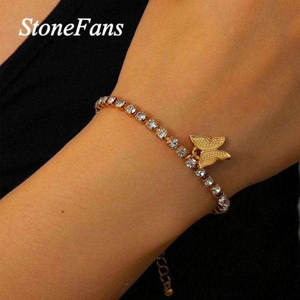 

stonefans fashion rhinestone tennis chain butterfly bracelet for women cute butterfly pendant bracelet bangle charm jewelry, Golden;silver
