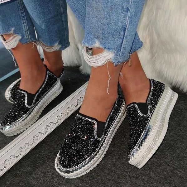 

women's ladies fashion casual platforms shining rhinestone slip-on loafers shoes woman casual shoes women fast delivery#35, Black