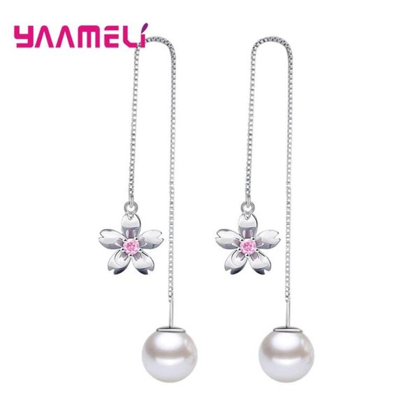 

charm 2 color plant clover ear chain 925 sterling silver long pearl dangle earrings for women girls wedding anniversary