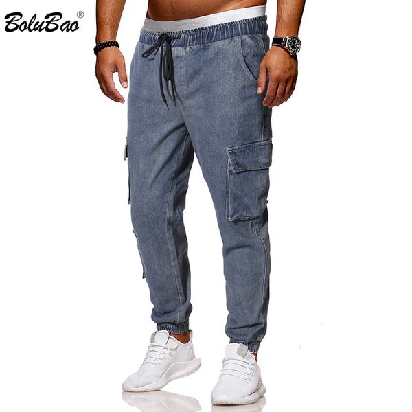 

bolubao brand men trendy jeans men's multiple pockets cargo denim pants solid color drawstring casual jeans male clothing, Blue