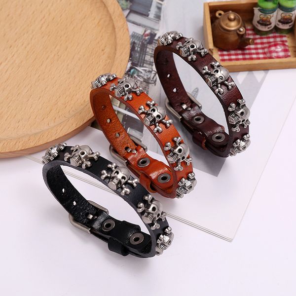 

tennis vintage style genuine leather bracelet for men punk skull charms wrap bracelets&bangles women jewelry, Golden;silver