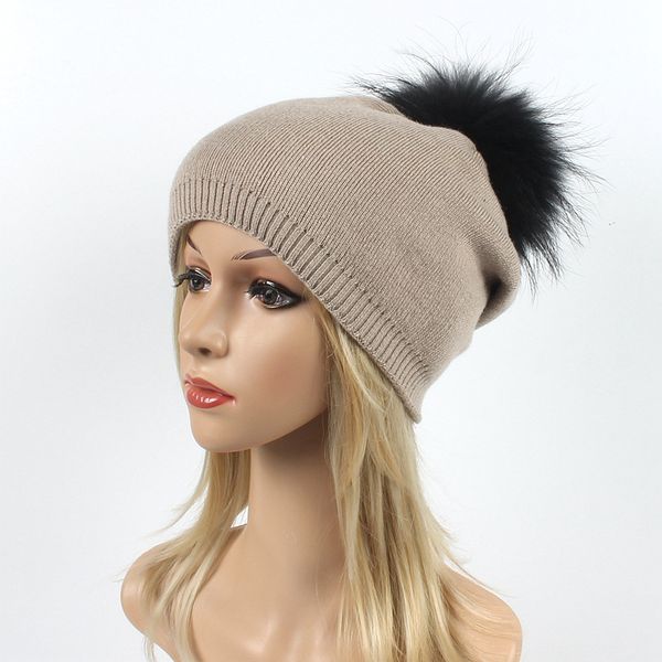 

women's cashmere beanie hat winter casual real pompon beanies fur hat female warm caps with natural genuine raccoon fur cap, Blue;gray