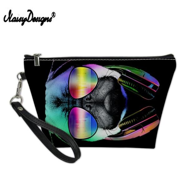 

black cosmetic organizer beautycase for women make up toiletry bag pug printed travel portable leather trousse toilette for girl