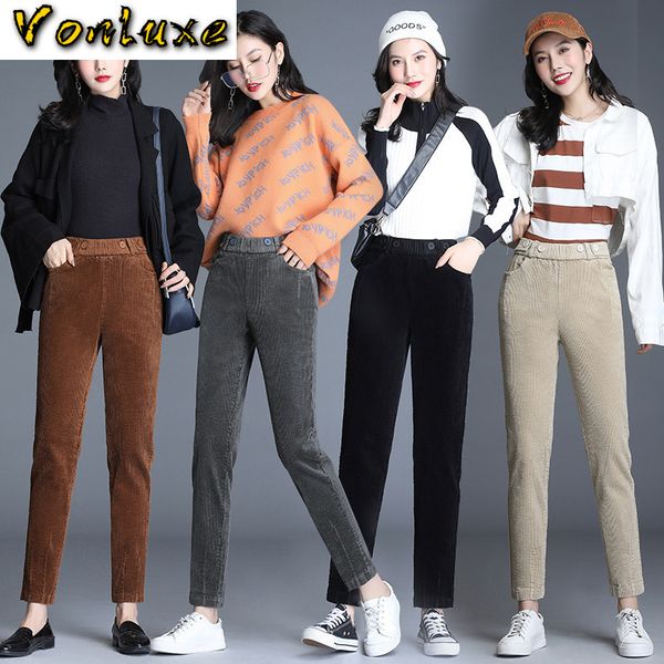 

women's pants & capris corduroy pencil women 2021 autumn winter warm elastic high waist casual fashion trousers female korean plus size, Black;white