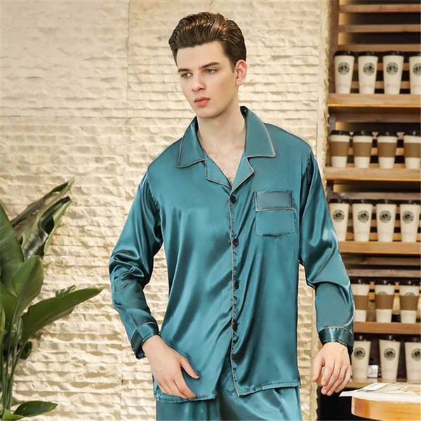 

men's sleepwear spring and summer long sleeve pants home service set solid color fashion pajamas lake blue pyjama homme, Black;brown