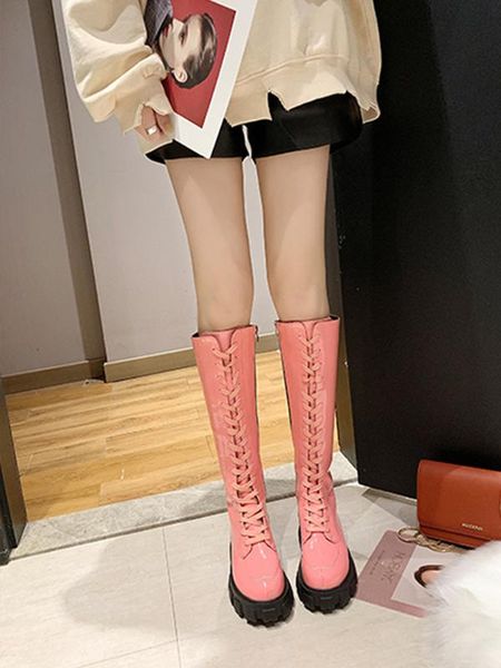 

women knee high boots lace up zipper leather pu platform rubber martin motorcycle boots for women shoes waterproof female shoes, Black