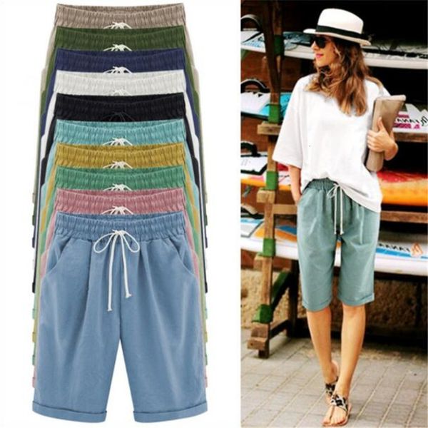 

summer cotton linen elastic waist shorts new fashion loose women half long basic shorts candy colors plus size s-6xl, White;black