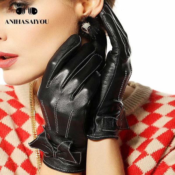 

fashion bow leather gloves women warm gloves female winter hit color sheepskin short women leather - l055, Blue;gray