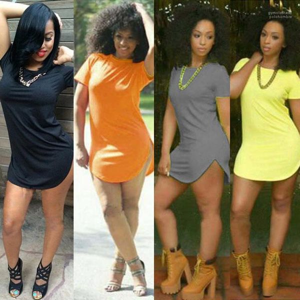 

candy color hip o-neck casual sheath bodycon dresses women u split up tshirt dress summer solid, Black;gray