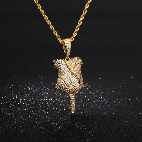 

gold rose pendant necklace for women zircon inlaid hip hop punk fashion men's necklace stainless steel twist chain, Silver