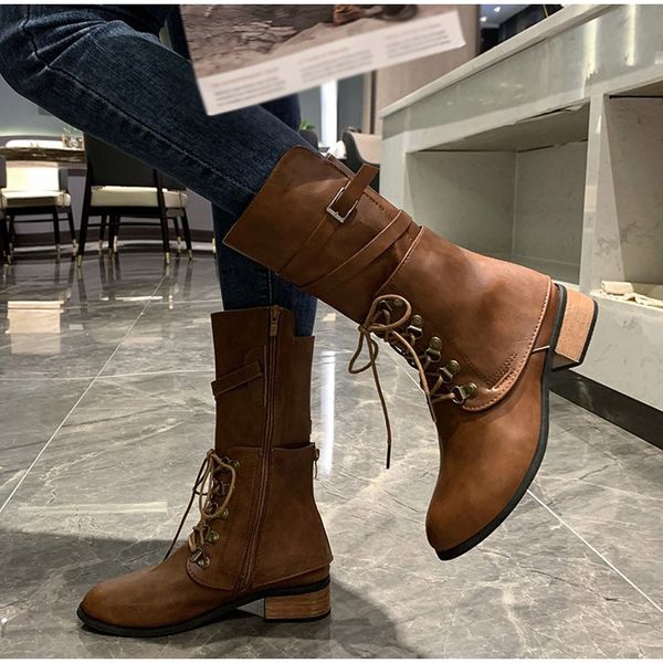 

women mid calf boots punk pu leather ladies shoes autumn winter fashion female zipper square low heels plus size woman lace up, Black