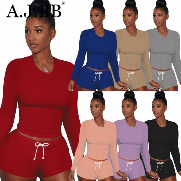 

autumn new casual solid color sports two piece set fashion slim fit o-neck long sleeve t-shirt and shorts women's set, Gray