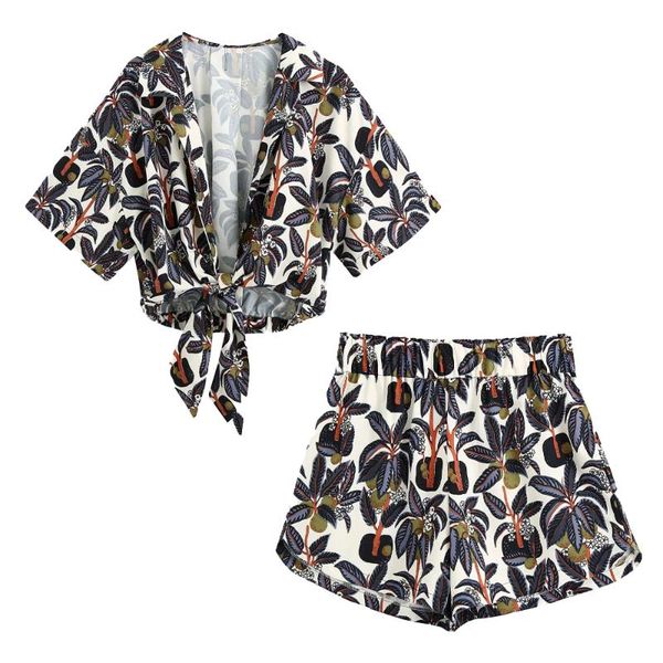 

2020 summer women two piece set printed knot shirt short sleeves & shorts high-waist elastic waistband ensemble femme, Gray