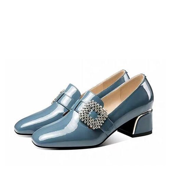 

female fashion ladies dress shoes 2020 woman crystal slip on square toe chunky heels spring women's patent leather buckle pumps, Black