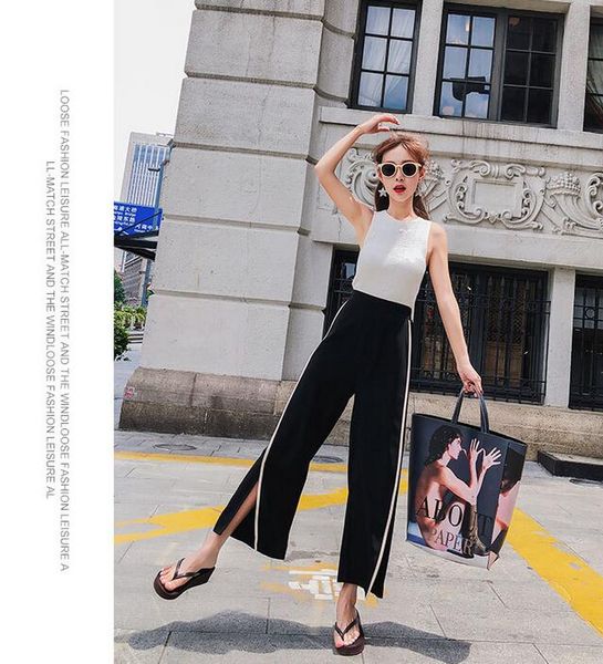 

black split wide women trousers high elastic waist women pants casual loose pants trousers with pockets plus size, Black;white